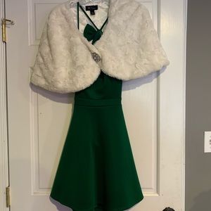 Green Dress W/ white fur cover